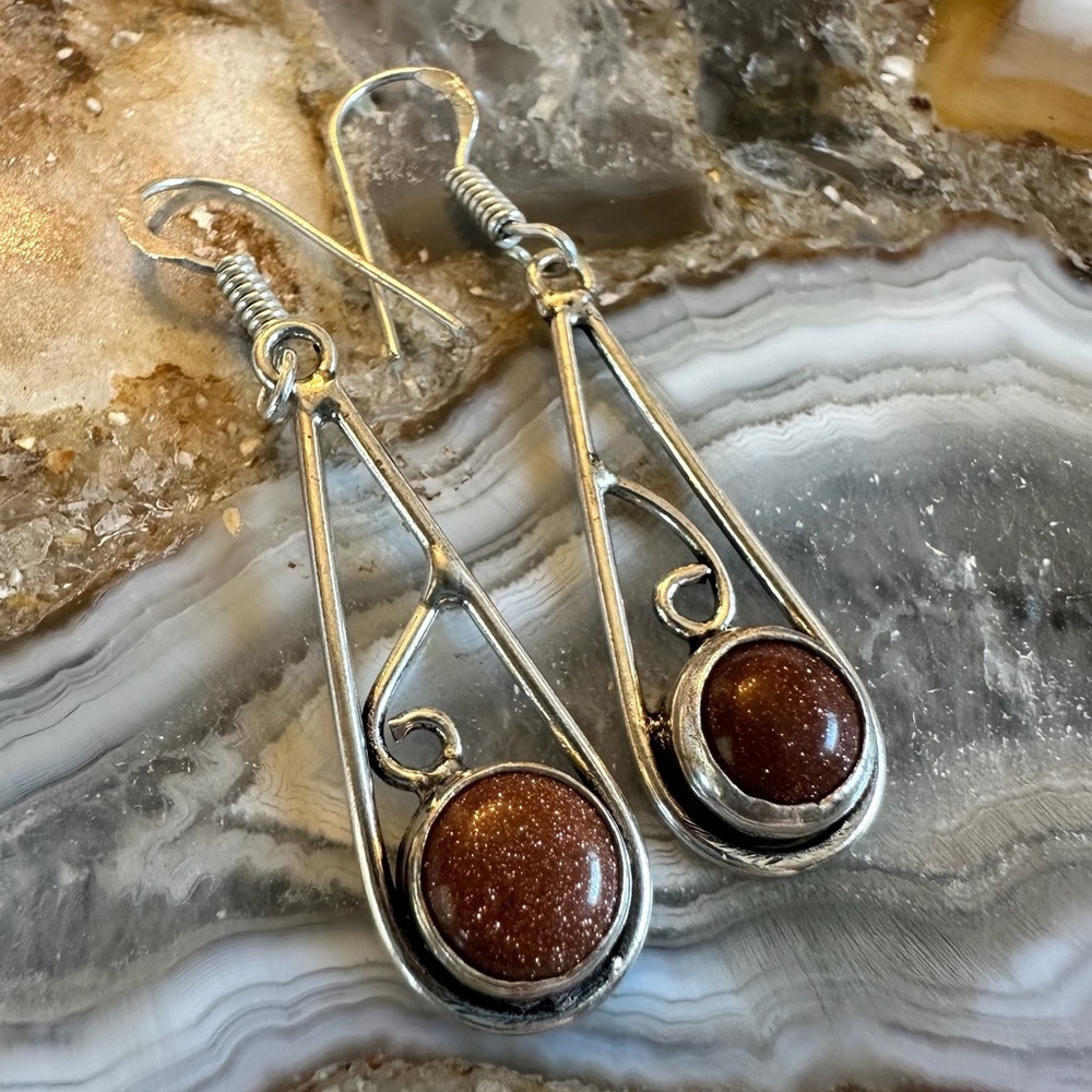 3113 Silver and Brown Sunstone Stone Drop Earrings